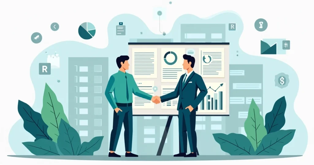 Ilustração corporativa em estilo flat mostrando representantes do setor público e privado apertando as mãos em frente a gráficos e ícones de contratos e infraestrutura urbana