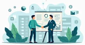 Ilustração corporativa em estilo flat mostrando representantes do setor público e privado apertando as mãos em frente a gráficos e ícones de contratos e infraestrutura urbana