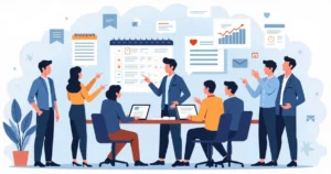 Ilustração corporativa plana de equipe política planejando comunicação com gráficos, calendários e mensagens-chave