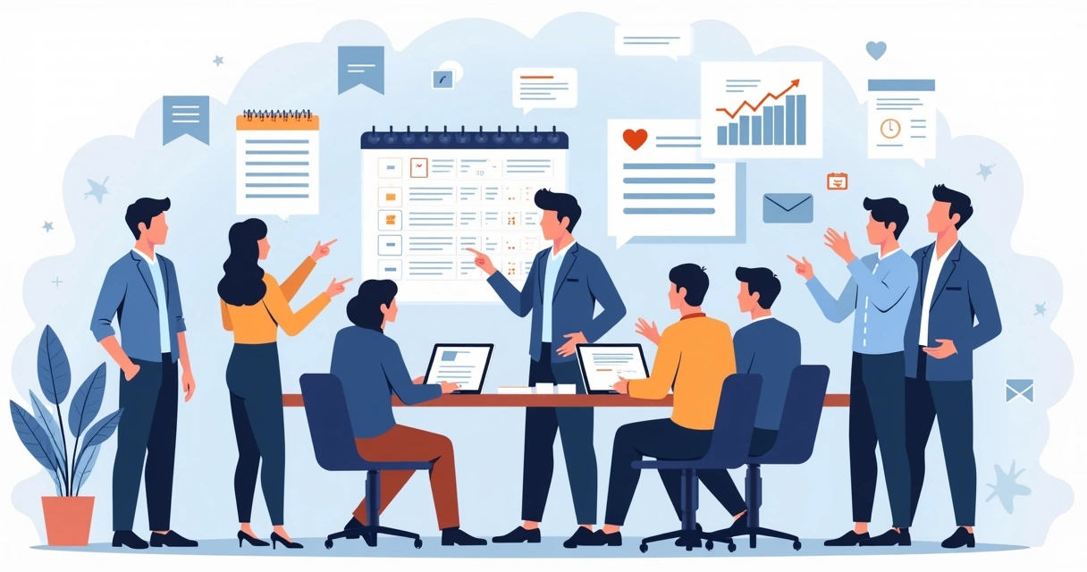 Ilustração corporativa plana de equipe política planejando comunicação com gráficos, calendários e mensagens-chave