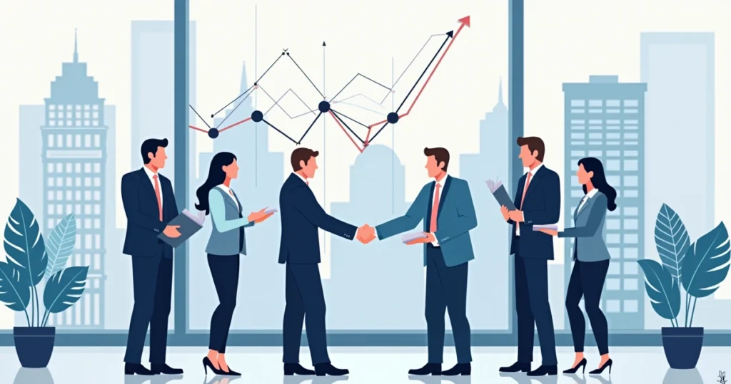 Ilustração corporativa mostrando prefeitos apertando as mãos em reunião estratégica com prédios públicos ao fundo e gráficos de crescimento ao redor