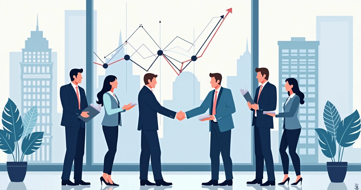 Ilustração corporativa mostrando prefeitos apertando as mãos em reunião estratégica com prédios públicos ao fundo e gráficos de crescimento ao redor