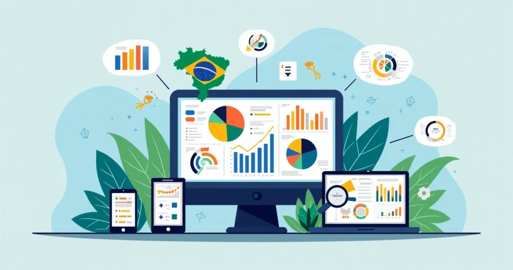 Ilustração corporativa mostrando análise de pesquisa eleitoral com gráficos, mapas do Brasil e computadores