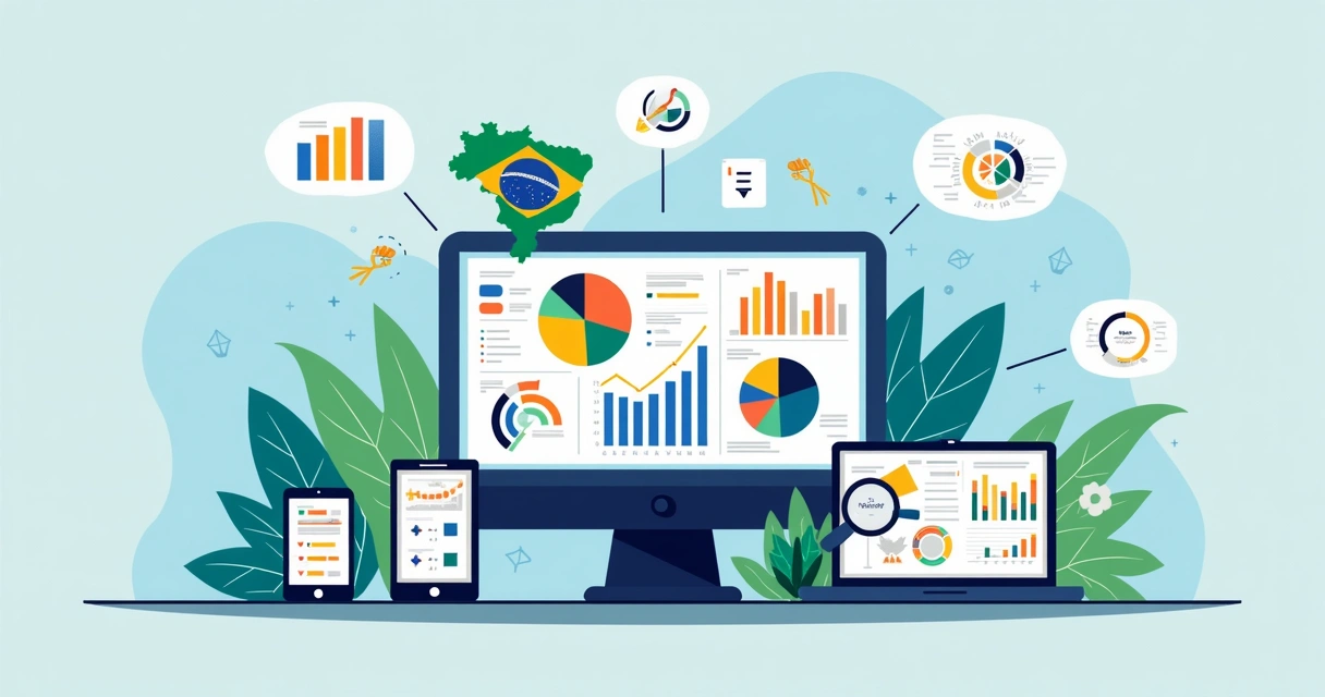 Ilustração corporativa mostrando análise de pesquisa eleitoral com gráficos, mapas do Brasil e computadores