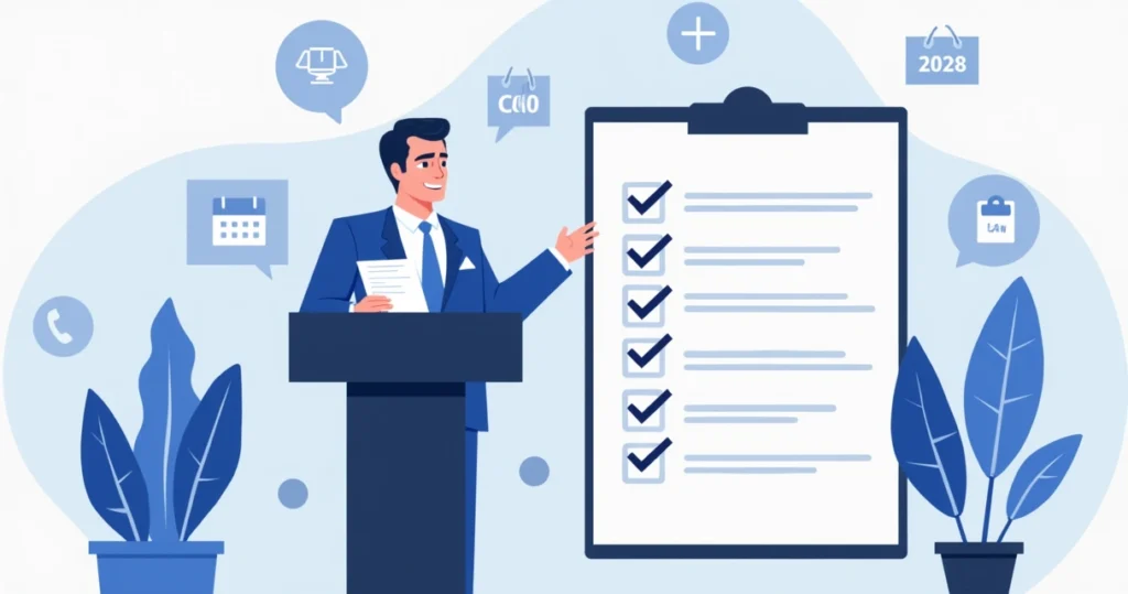 Ilustração corporativa plana mostrando um político em um púlpito com documentos de candidatura e checklist de requisitos ao lado