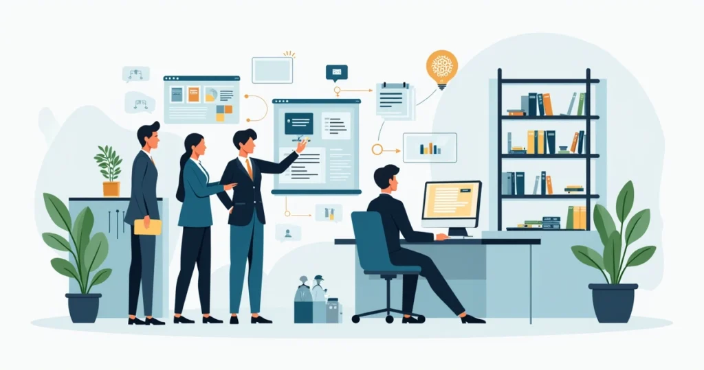 Equipe de assessoria parlamentar trabalhando em gabinete organizado com foco em documentos e tecnologia