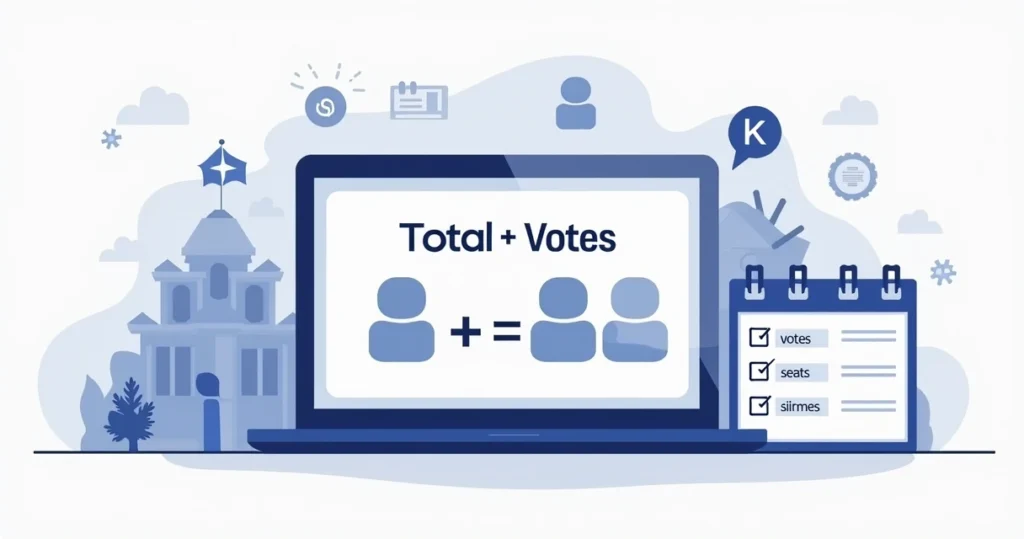 Ilustração corporativa de gráfico e fórmula matemática representando cálculo do coeficiente eleitoral em eleições proporcionais