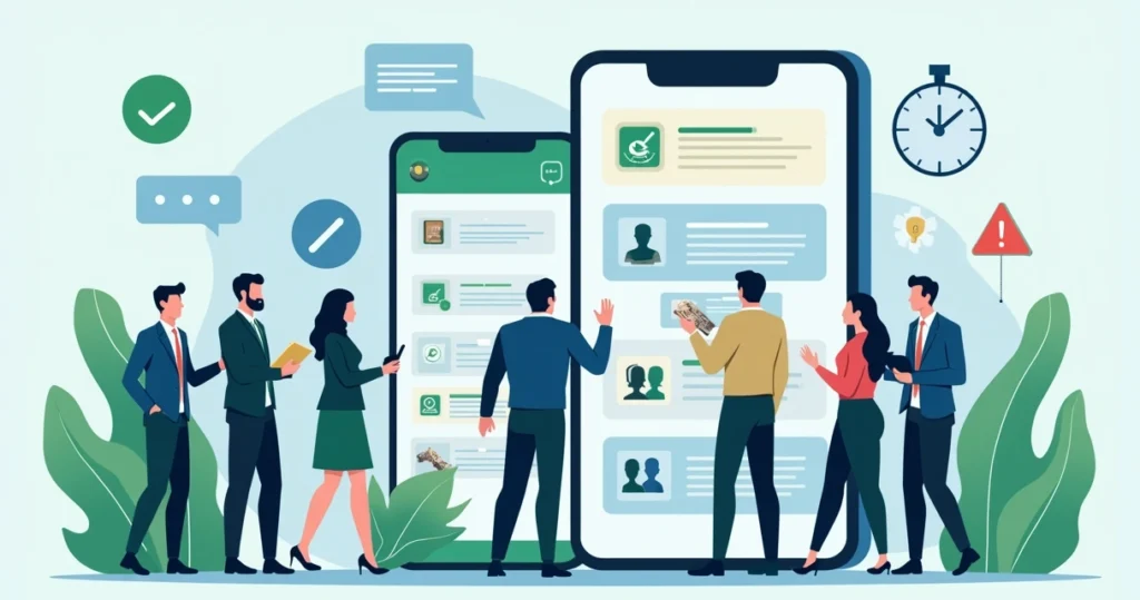 Ilustração corporativa mostrando gestores públicos utilizando WhatsApp para comunicação eleitoral segura e transparente