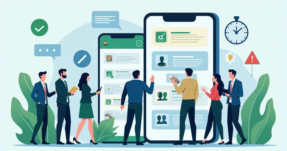 Ilustração corporativa mostrando gestores públicos utilizando WhatsApp para comunicação eleitoral segura e transparente