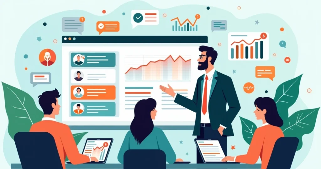 Ilustração de coordenador de campanha eleitoral gerenciando equipe e planejamento estratégico