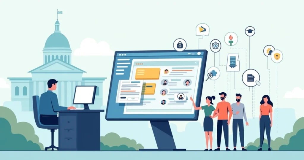 Ilustração de gestor público usando CRM com cidadãos conectados em tela digital