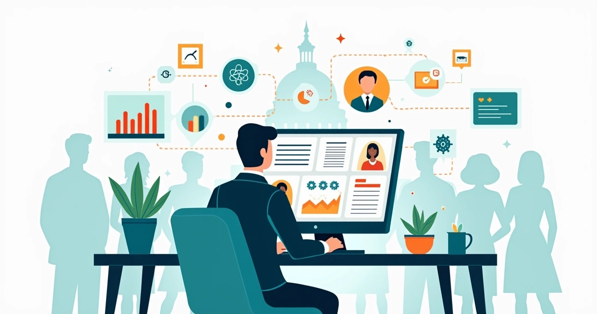 Ilustração de político usando plataforma de CRM com inteligência artificial no gabinete público