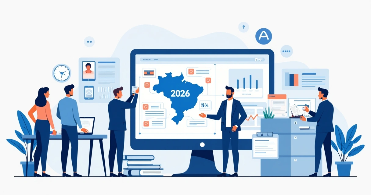 Ilustração de equipe organizando gestão de campanha para as eleições 2026 em painel digital