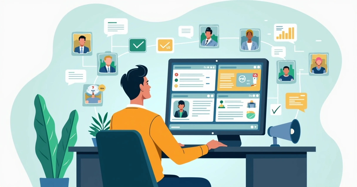 Ilustração de gestor público utilizando plataforma digital para organizar mandato e campanha eleitoral