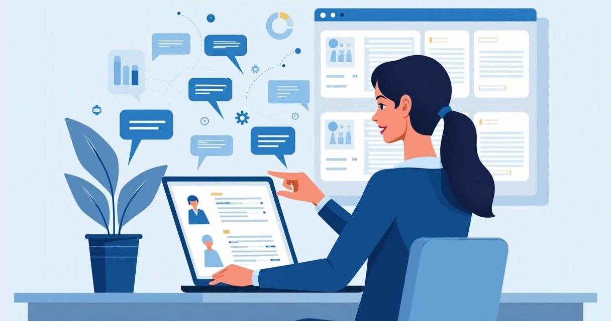 Ilustração corporativa flat mostrando gestor público usando plataforma digital com gráficos, agenda e comunicação direta com cidadão