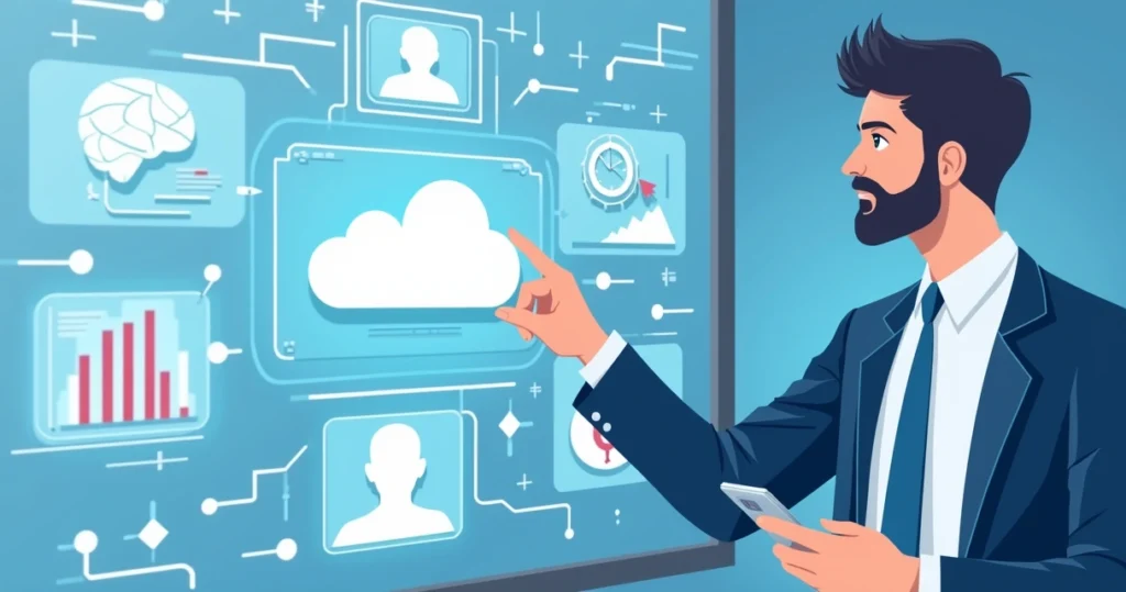 Ilustração corporativa plana de gestor público usando tecnologia com ícones digitais de nuvem, inteligência artificial e comunicação cidadã