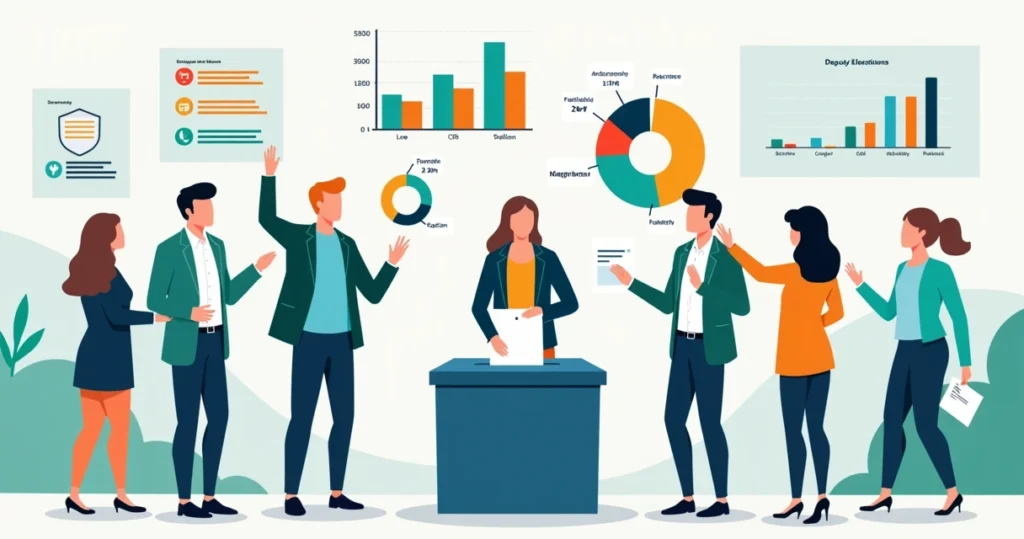 Ilustração plana corporativa de votação para deputado com urna eletrônica, gráficos de distribuição de votos e figuras representando eleitores e candidatos