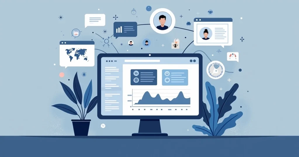 Ilustração corporativa mostrando inteligência artificial integrada em plataforma de gestão pública com ícones de dados, automação e comunicação digital