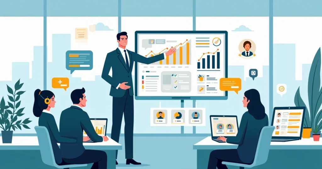 Ilustração de político em gabinete usando canais digitais para marketing político e gestão de mandato