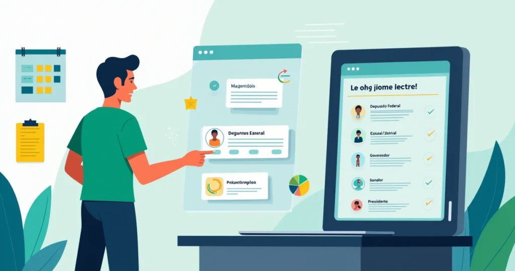 Ilustração mostrando eleitor votando em urna eletrônica com sequência de cargos das eleições 2026