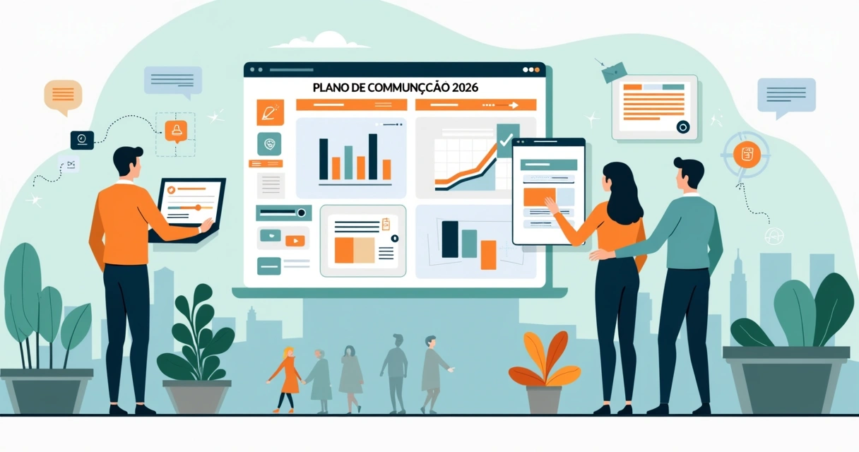 Vereador e equipe montando plano de comunicação para mandato em painel com ícones digitais e cidadãos conectados