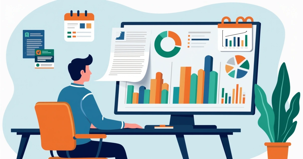 Ilustração corporativa de gestor público analisando gráficos e documentos digitais em plataforma de prestação de contas política