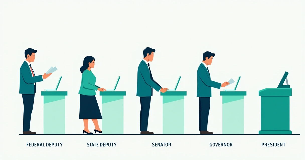 Ilustração corporativa plana mostrando a sequência de votação nas eleições brasileiras de 2026 com ícones representando cargos: deputado federal, deputado estadual, senador, governador e presidente, e