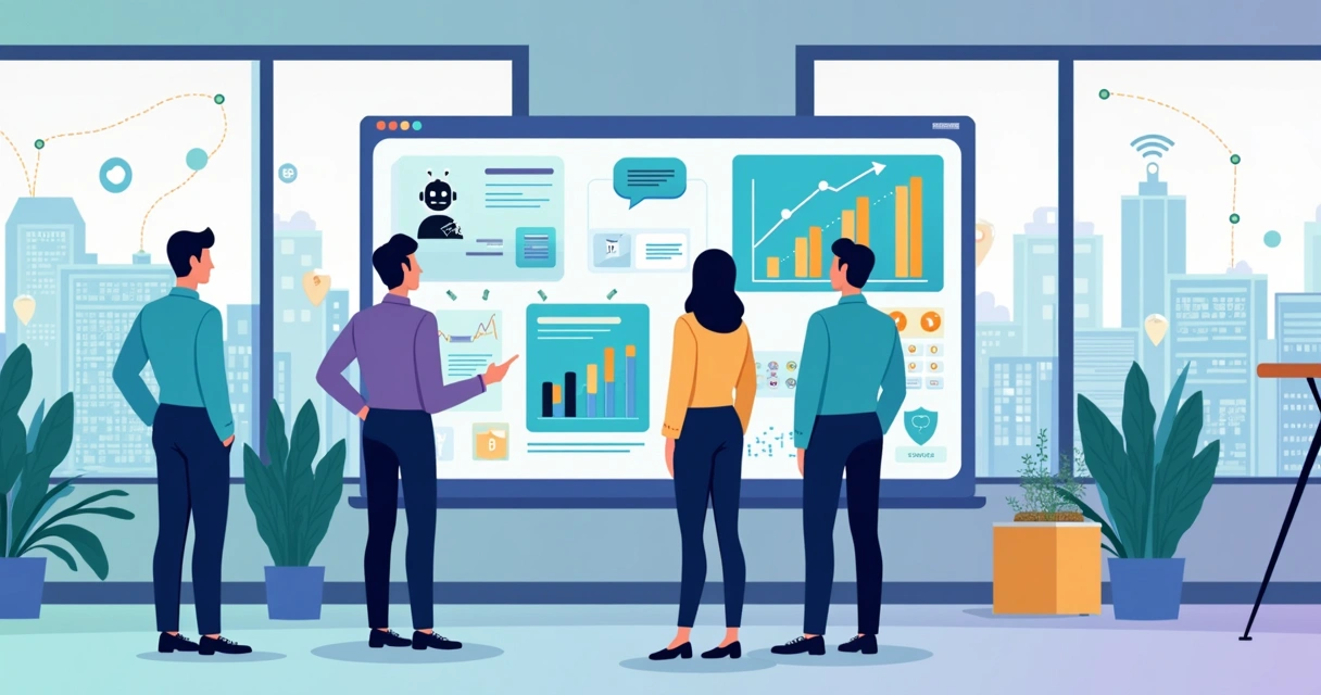 Ilustração de gestores públicos analisando painel digital com ícones de inteligência artificial e cidade inteligente ao fundo