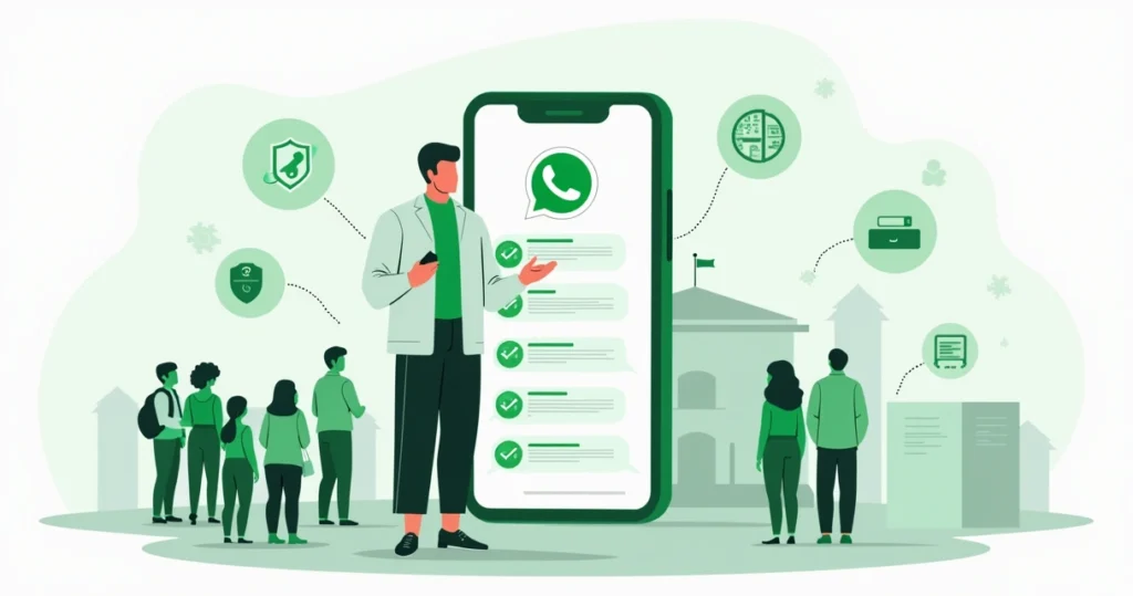 Ilustração de político usando WhatsApp em campanha eleitoral com comunicação ética e segura