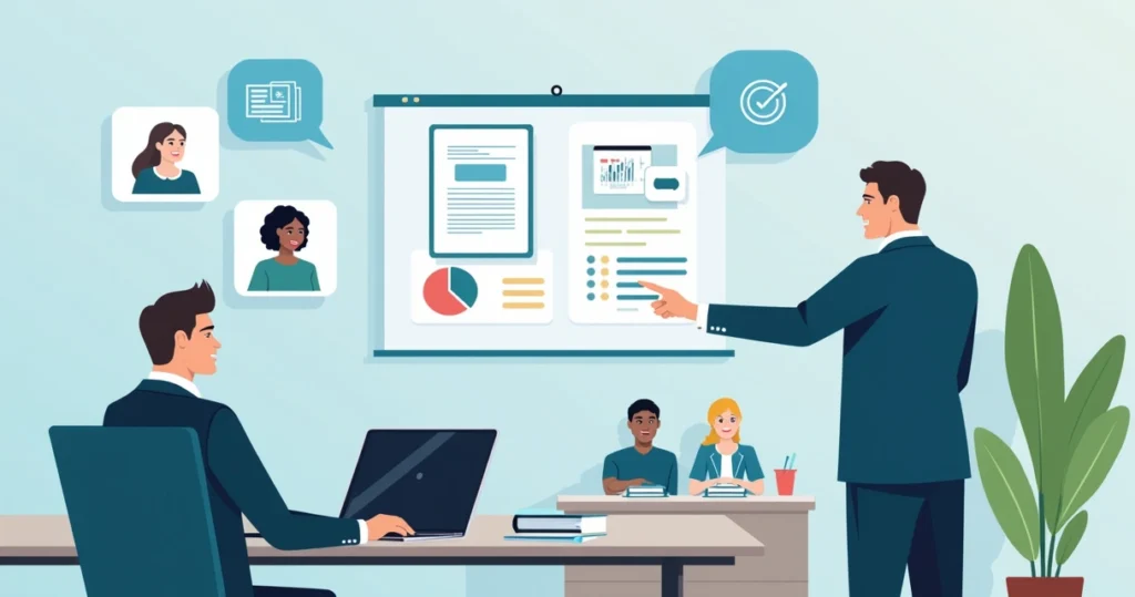 Assessor parlamentar organizando documentos em reunião com parlamentar