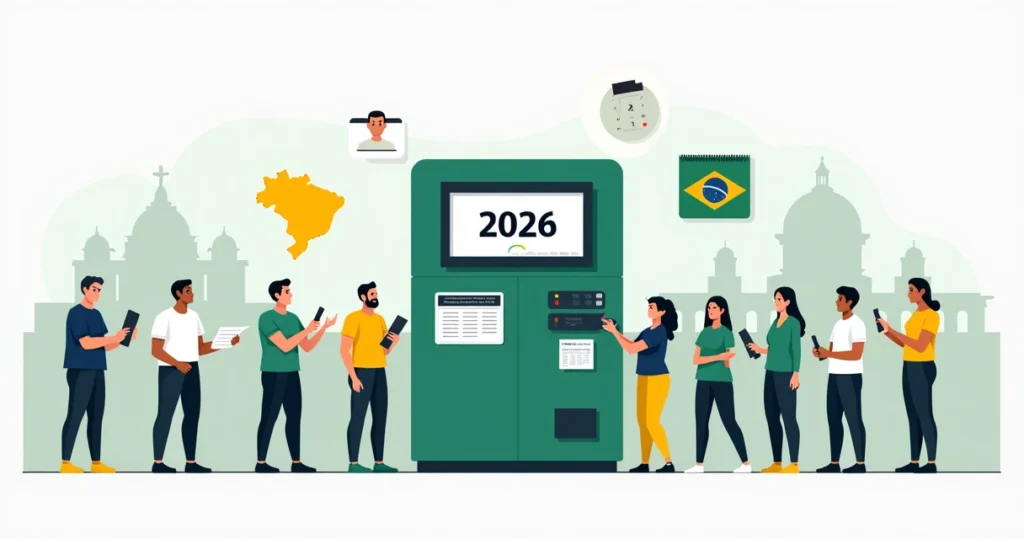 Ilustração de eleitores votando em urna eletrônica nas eleições 2026 no Brasil