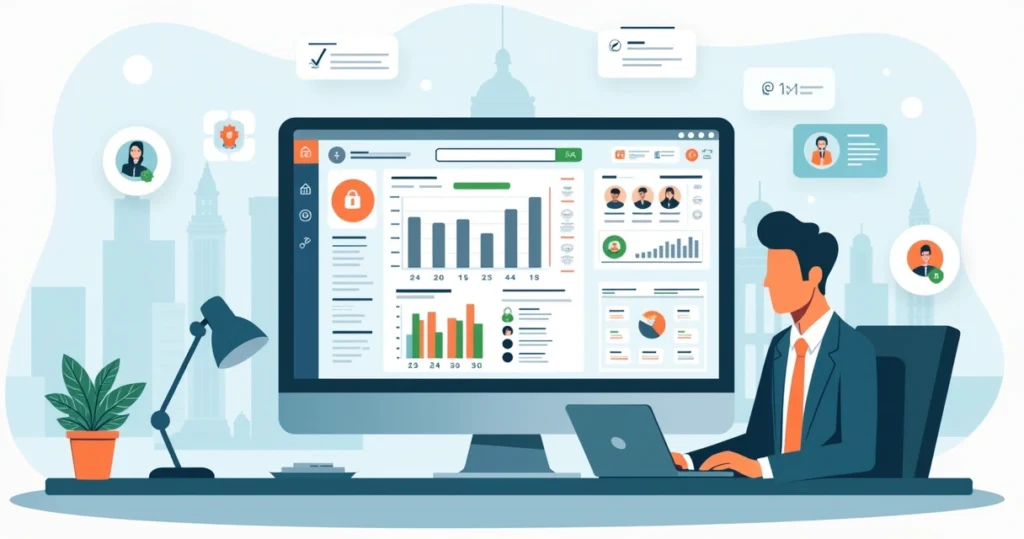 Ilustração de gabinete online com gestor público em videoconferência e painel de gestão no computador