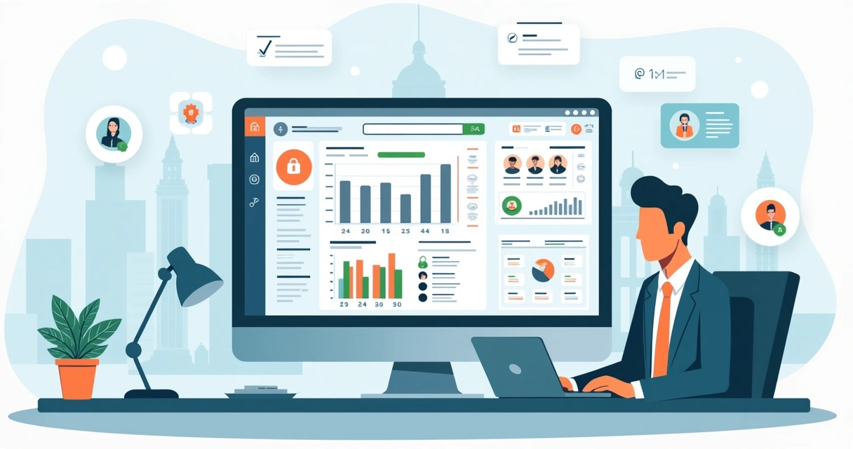 Ilustração de gabinete online com gestor público em videoconferência e painel de gestão no computador