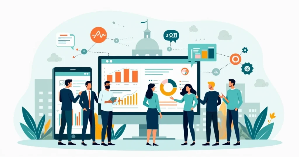 Ilustração de gestão pública digital com servidores usando tecnologia e dados