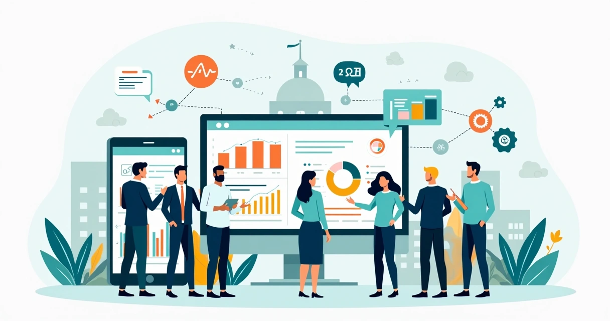 Ilustração de gestão pública digital com servidores usando tecnologia e dados