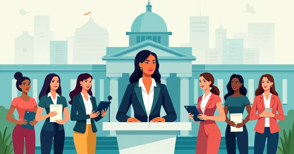 Ilustração de mulheres diversas em cargo político em frente ao congresso nacional