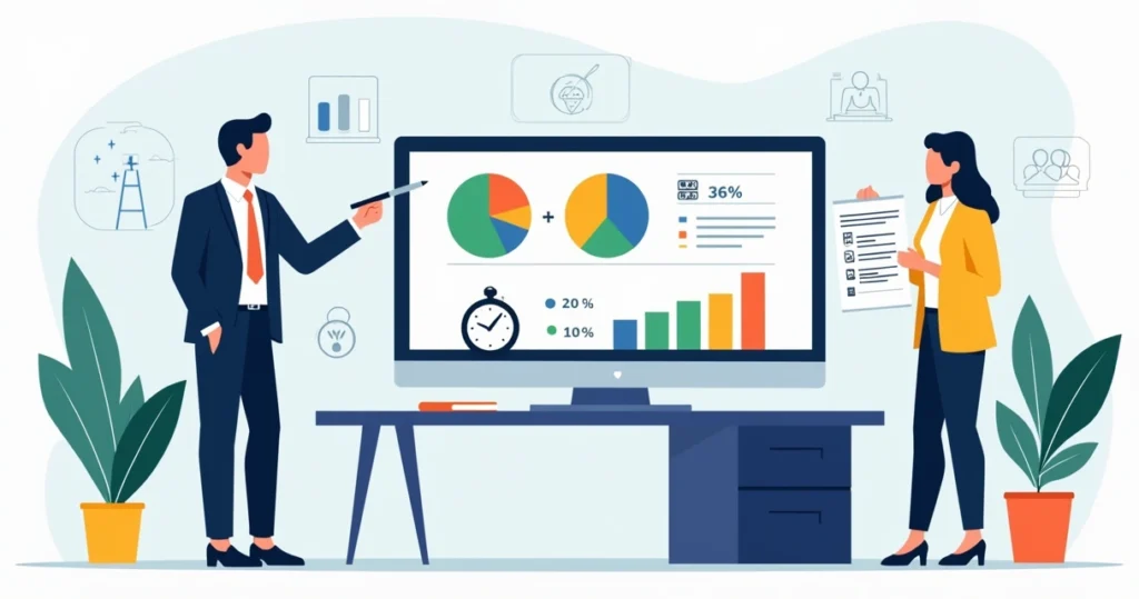 Ilustração de políticos analisando cálculo de tempo de propaganda eleitoral em tela com gráficos e cronômetro