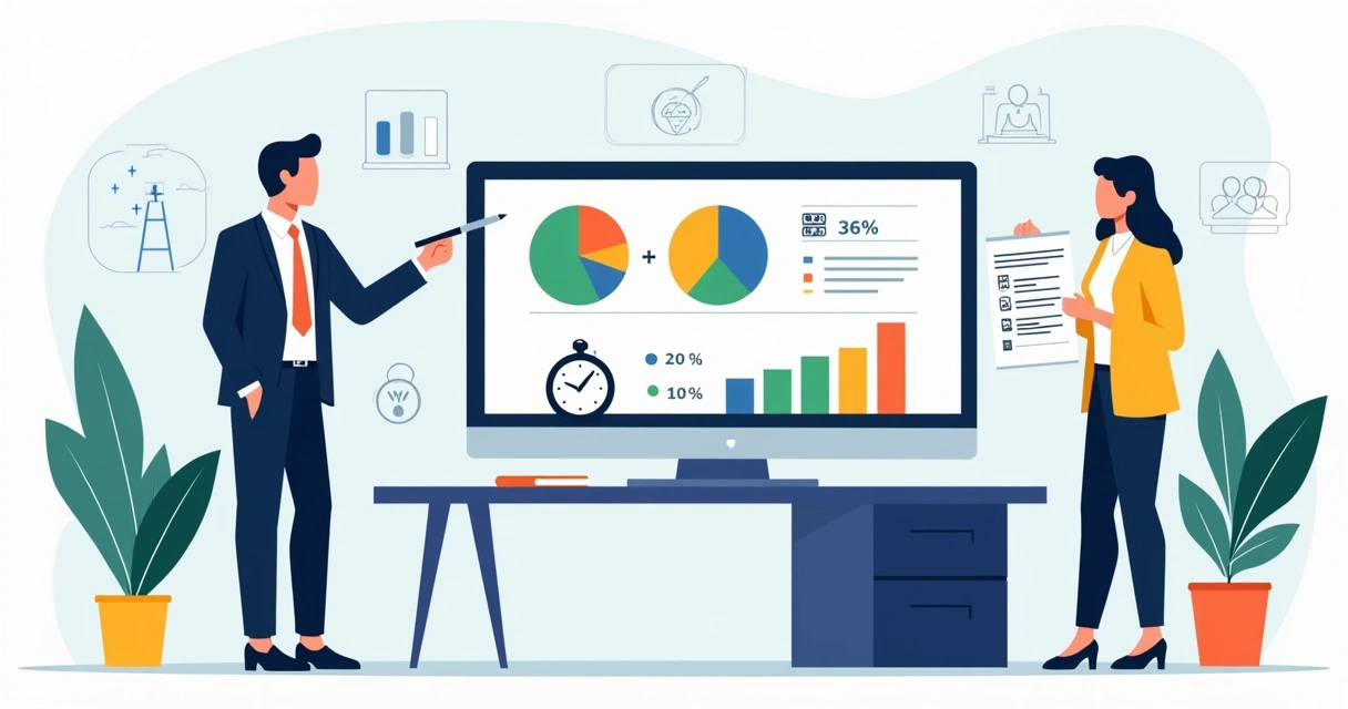 Ilustração de políticos analisando cálculo de tempo de propaganda eleitoral em tela com gráficos e cronômetro
