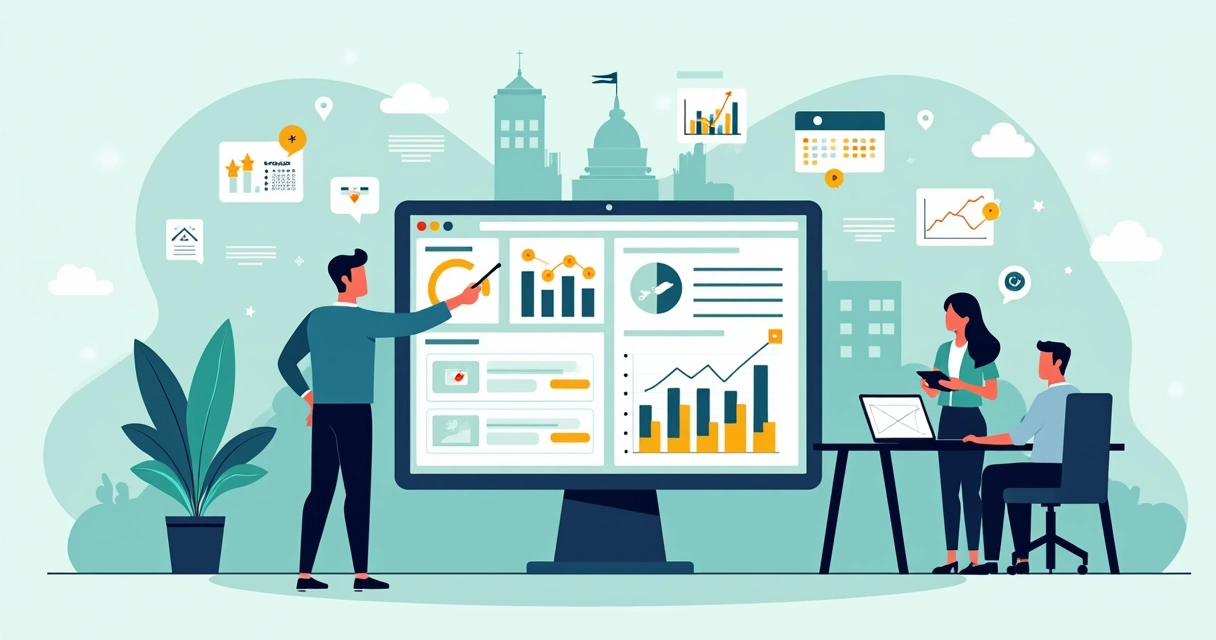 Ilustração de gestor público usando CRM eleitoral em campanha digital