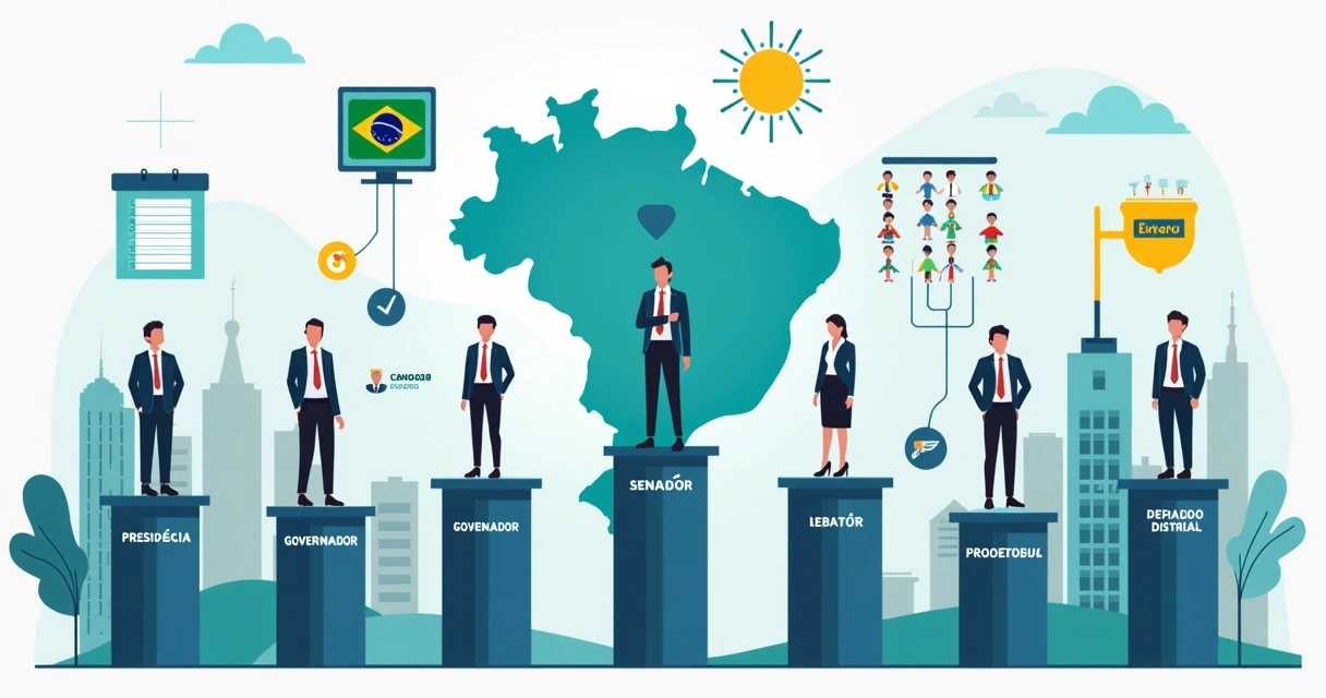 Ilustração de eleição 2026 com candidatos, cargos e ícones do sistema eleitoral