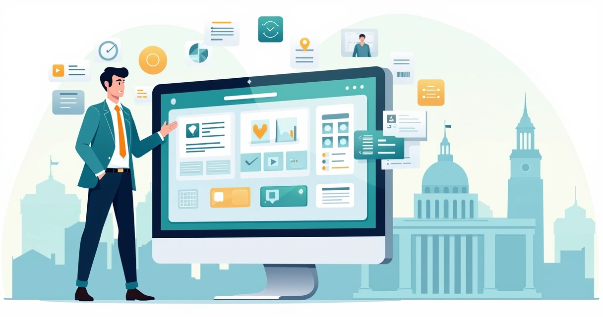 Ilustração de sistema gabinete com gestor público usando painel digital de gestão de mandato