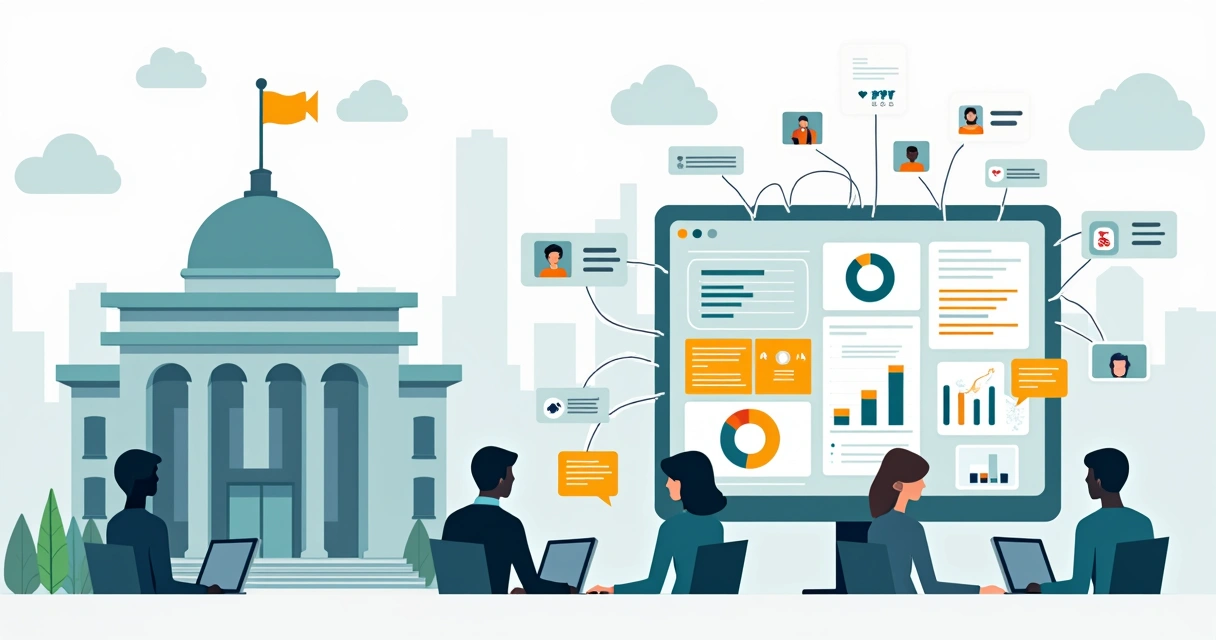 Ilustração de prefeitura usando sistema digital de gestão e comunicação com cidadãos