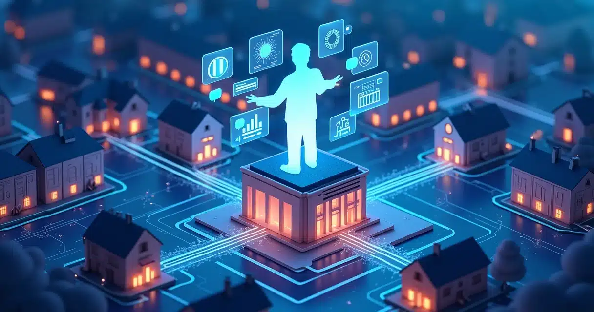 Ilustração de cidade conectada com dados de campanha eleitoral e inteligência artificial