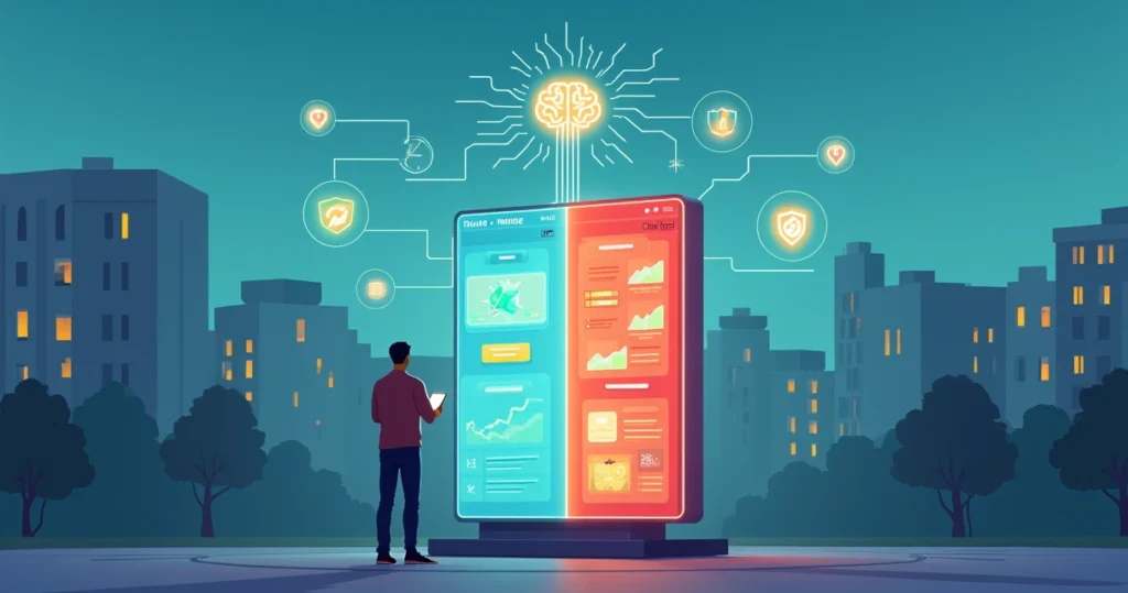 Ilustração de eleitor diante de totem digital com símbolos de IA e eleições