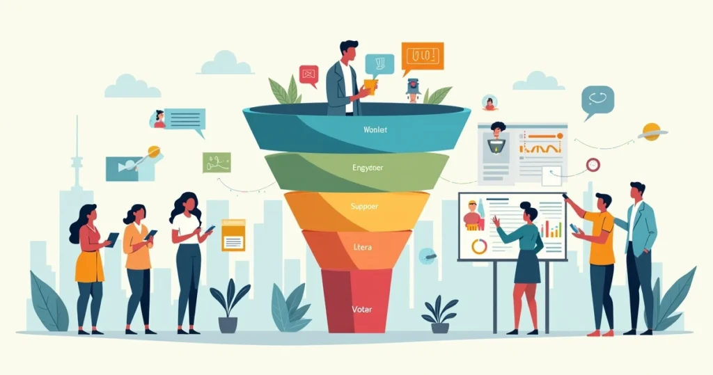 Ilustração de funil de campanha eleitoral com CRM mostrando etapas e dados conectados