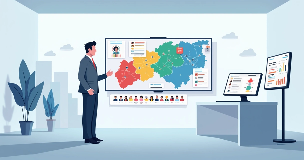 Página Inicial 22 Político em estúdio analisando mapa de eleitores em painel digital com dados de CRM