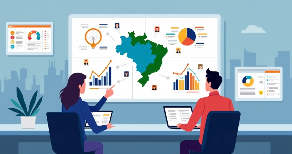 Painel digital com mapa eleitoral do Brasil e gráficos de dados de campanha