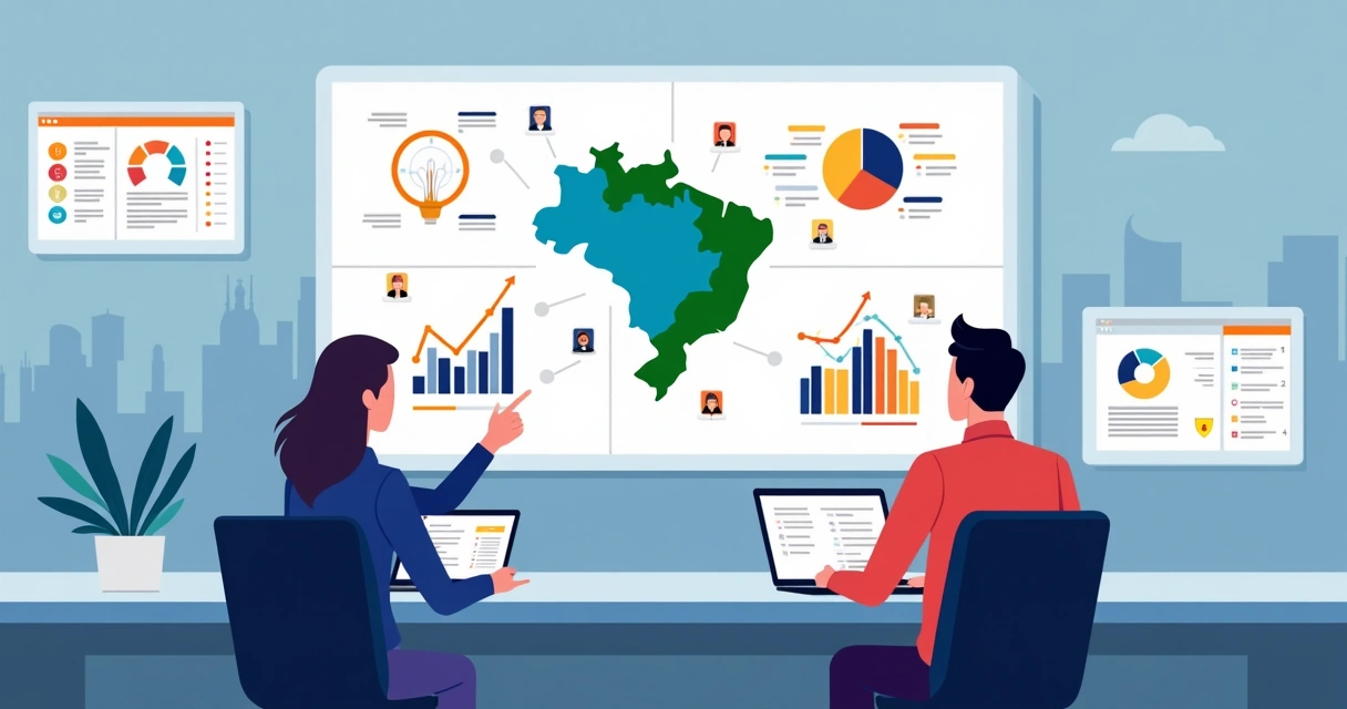 Painel digital com mapa eleitoral do Brasil e gráficos de dados de campanha