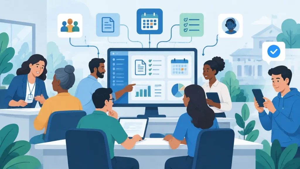 Equipe de gabinete organiza demandas públicas em uma plataforma digital enquanto um cidadão acessa serviços pelo celular