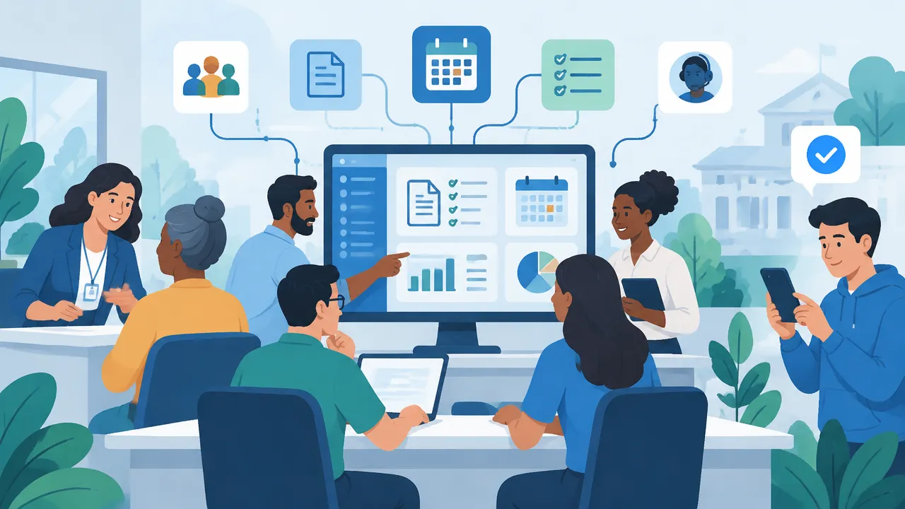Equipe de gabinete organiza demandas públicas em uma plataforma digital enquanto um cidadão acessa serviços pelo celular